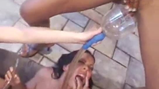 Teens squirt in funnel