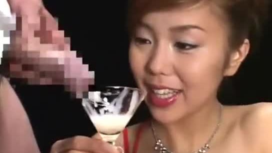 Japanese lady drinking glass of cum